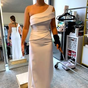 Off the shoulder ivory gown. Fits perfectly & true to size. Nice thick material